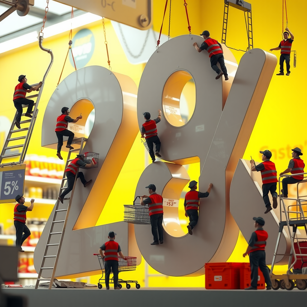 Supermarket Workers Constructing Giant Discount Sign