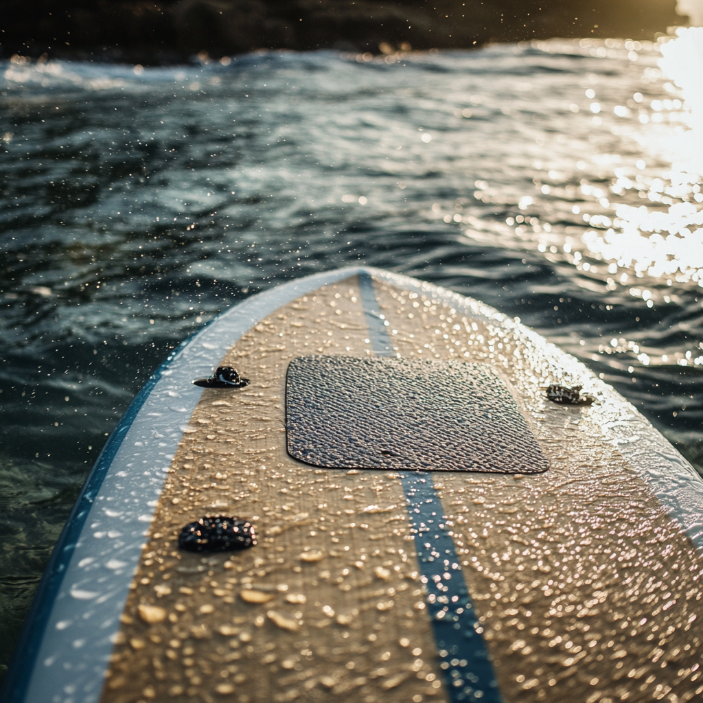 Surfboard with cargo mounts and cup holder on beach.