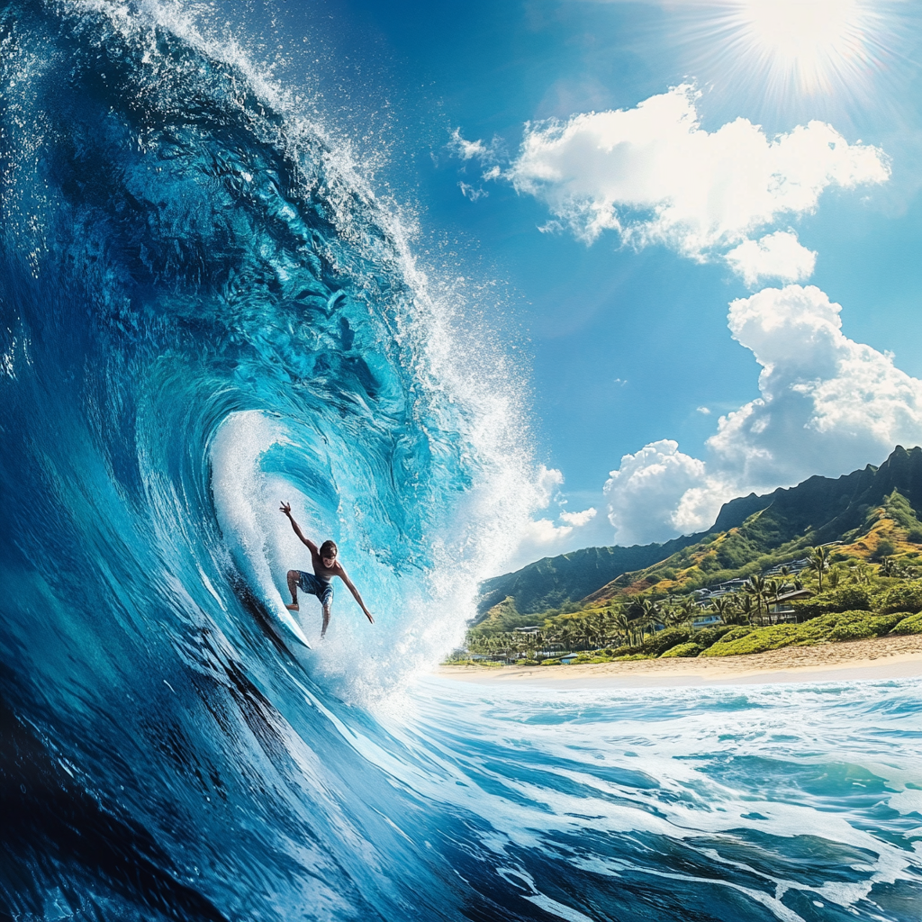 Surfer conquering huge Hawaiian wave under clear blue sky.