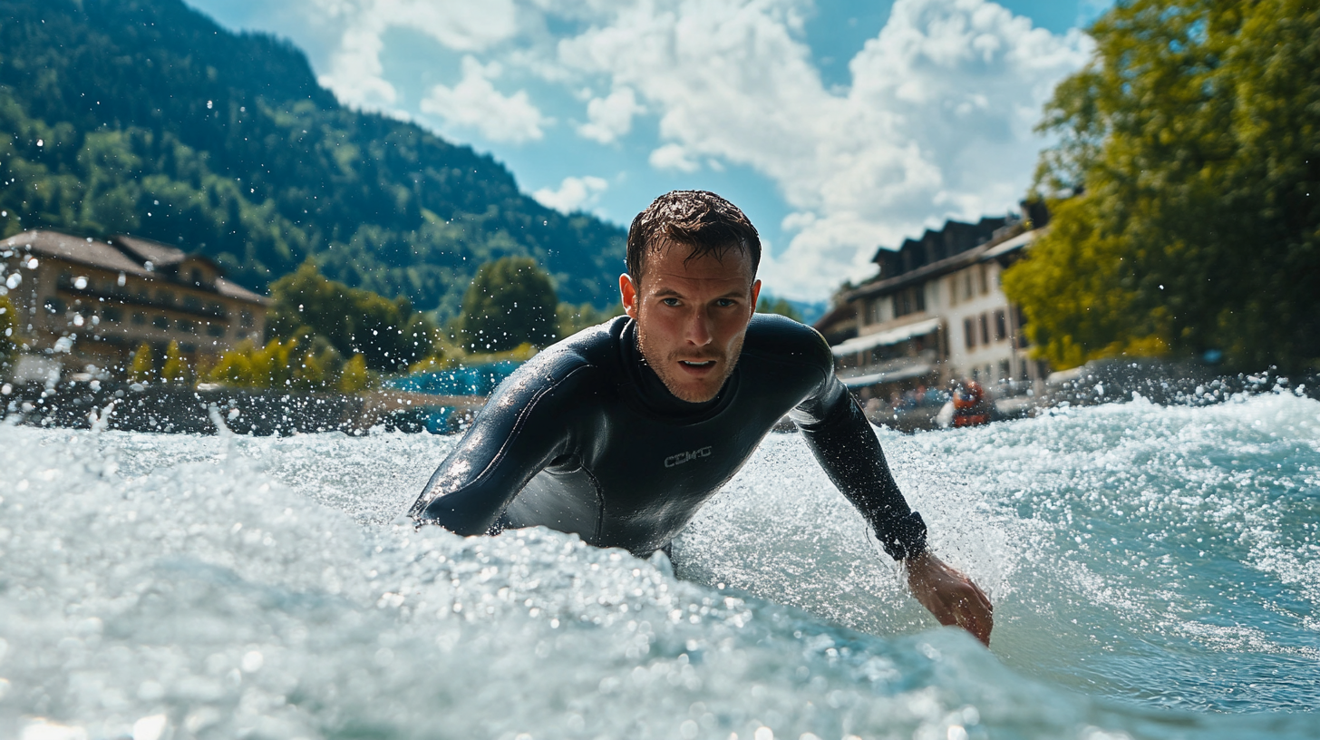 Surfer in Thun, determined and energetic on river.