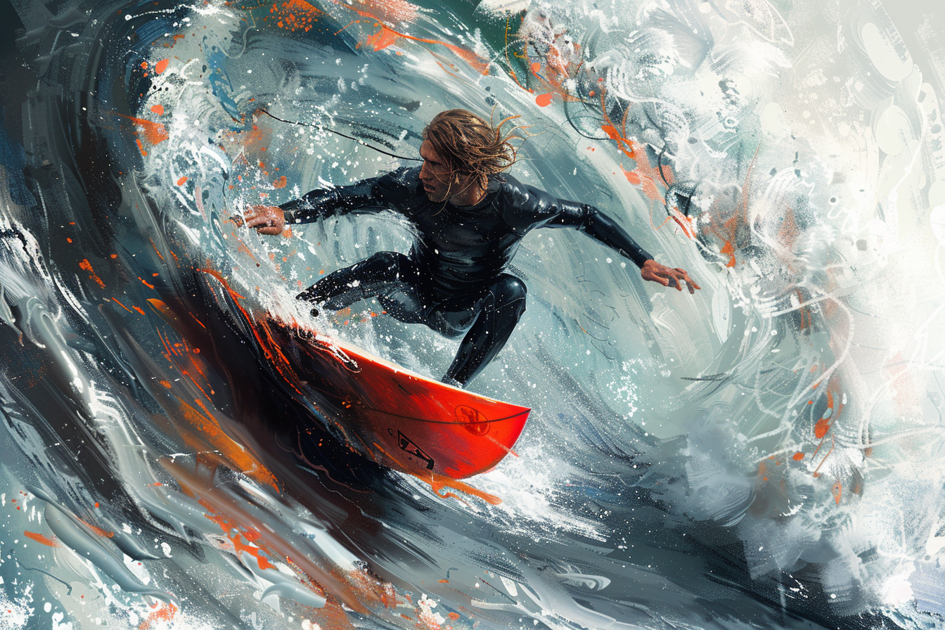 Surfer in black wetsuit riding big wave afar.