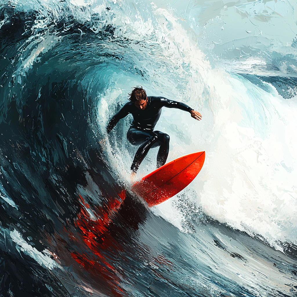 Surfer in black wetsuit riding big wave on red surfboard.