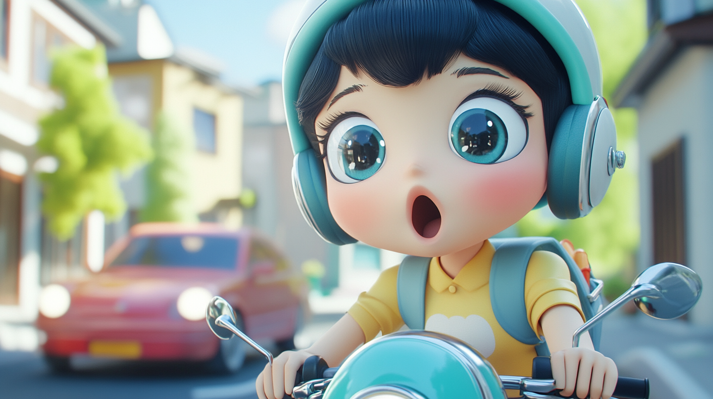 Surprised Korean character on motorcycle with Disney style