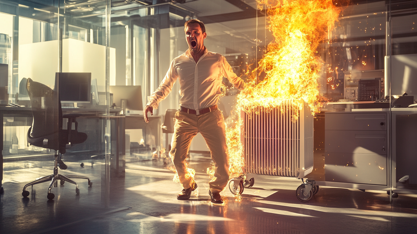 Surprised Man's Pants on Fire in Bright Office