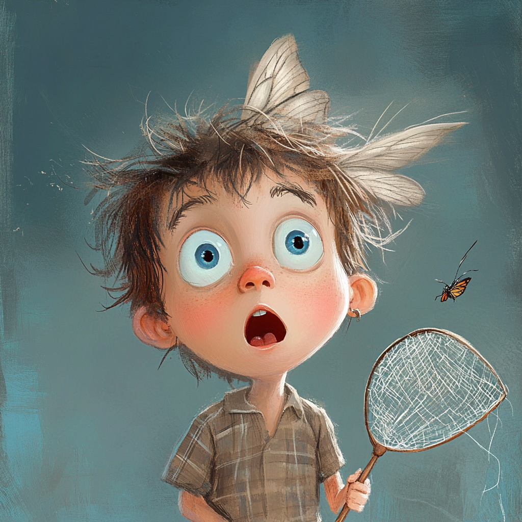 Surprised Micky catching butterfly in children's book illustration.