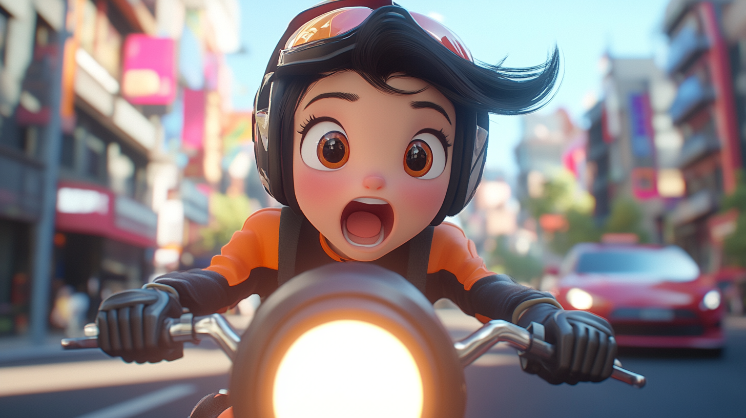 Surprised cartoon character on motorcycle narrowly avoids collision