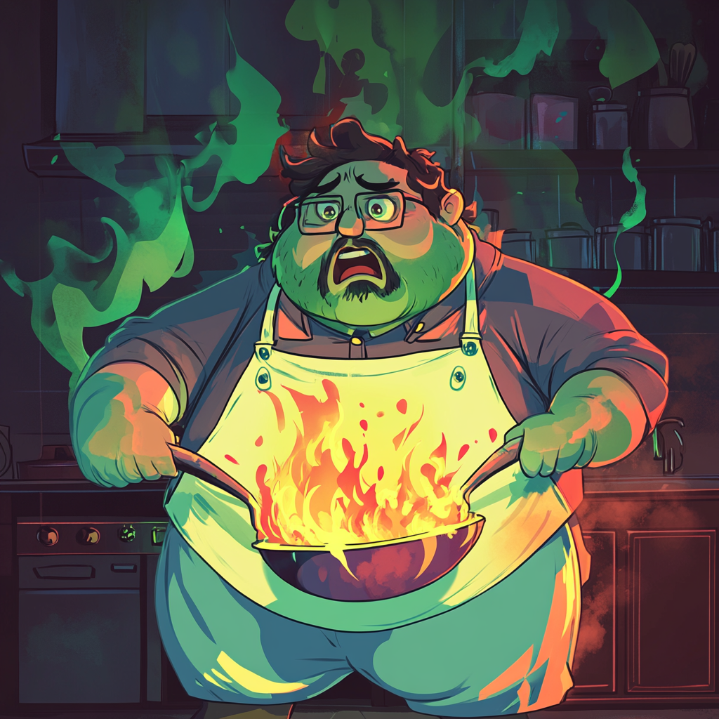 Surprised chubby chef with green skin cooking in kitchen.