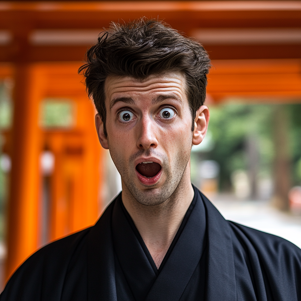 Surprised man in black kimono at Japanese wedding.