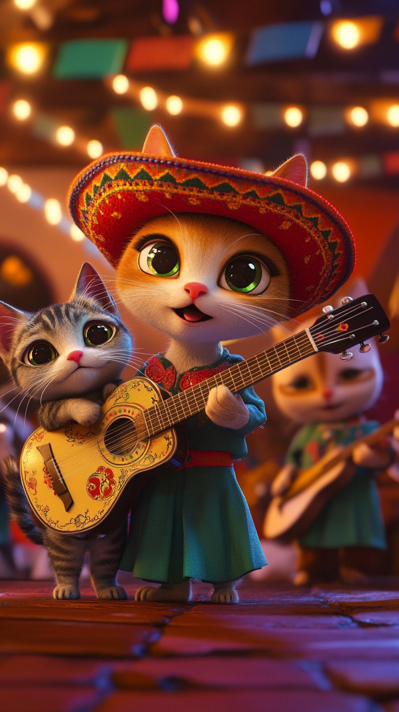 Surprised tabby cat joins mariachi cats on stage.