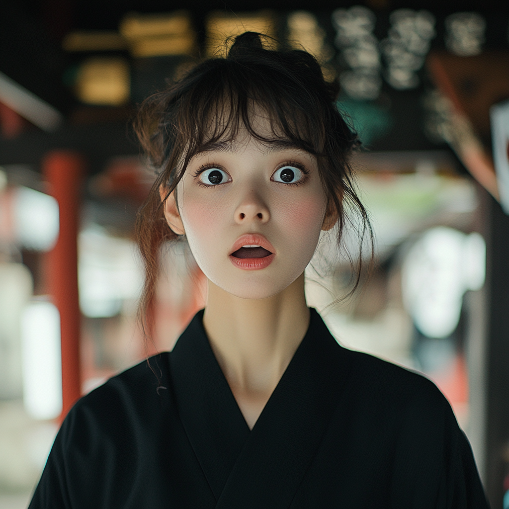 Surprised woman in beautiful kimono at Japanese shrine.