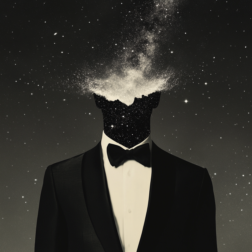 Surreal, minimalist collage with man in tuxedo, floating head.