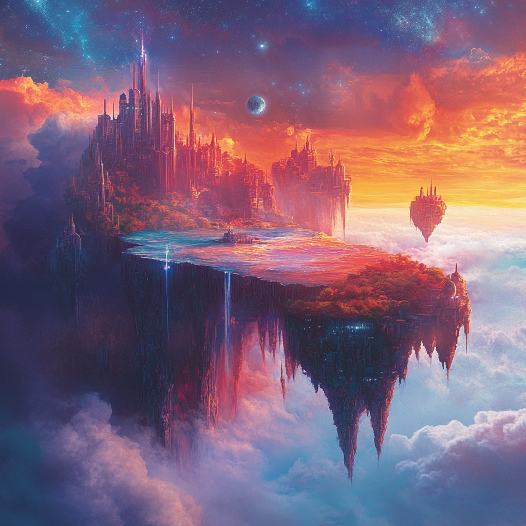 Surreal Album Cover with Floating Islands and Dreamlike Skies