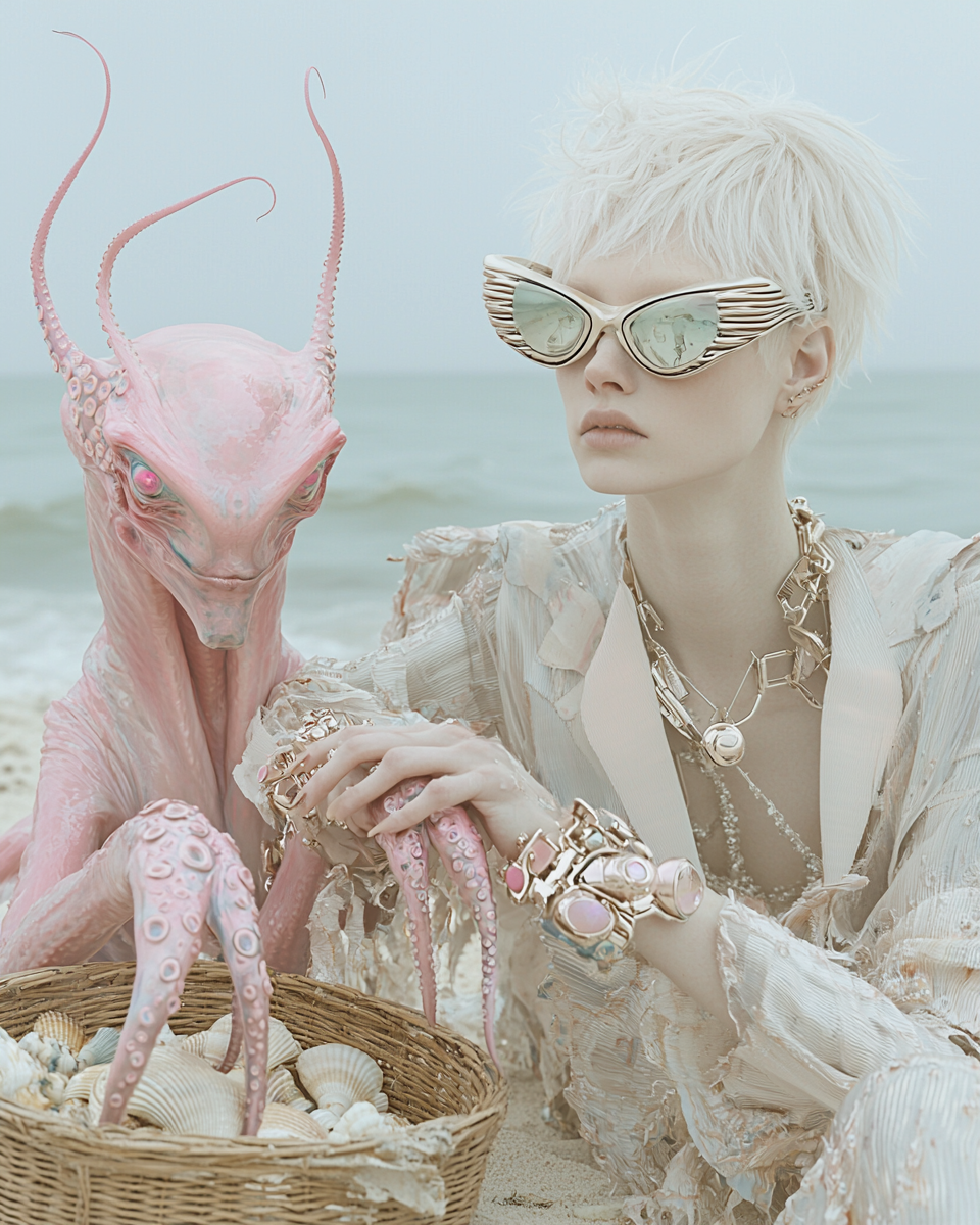 Surreal Beach Scene: Futuristic Fashion with Alien Companion