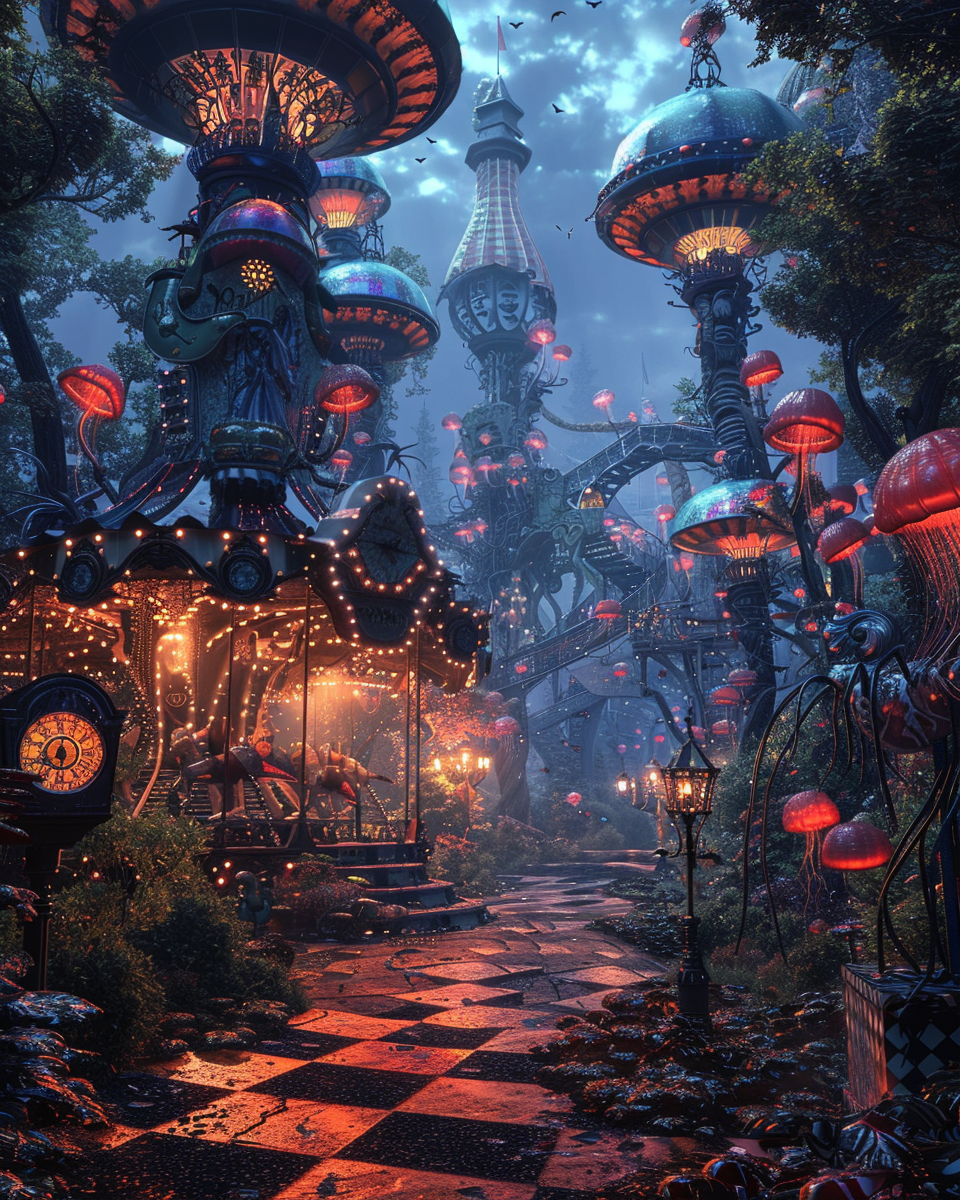 Surreal Circus Fantasy Environment with Strange Objects