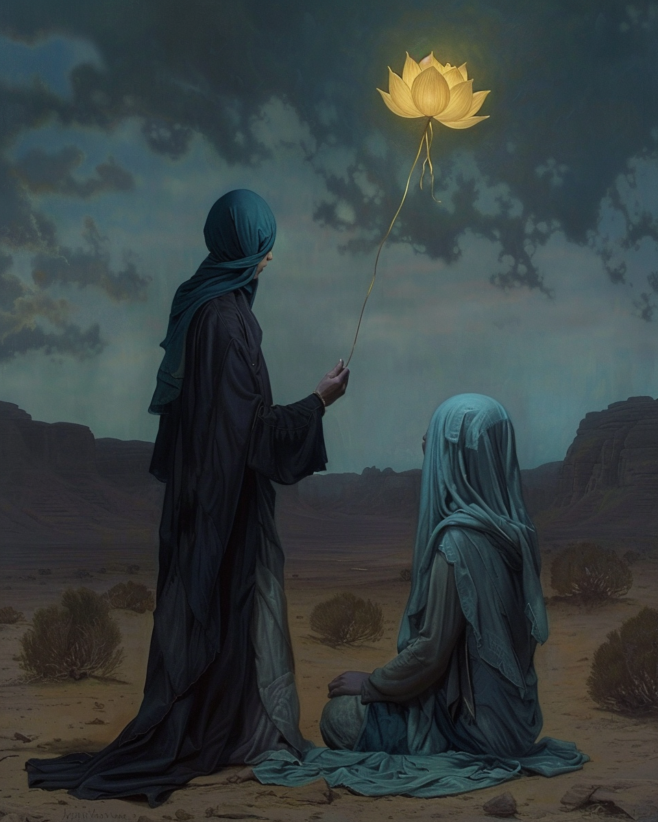 Surreal Desert Night Scene with Man and Woman