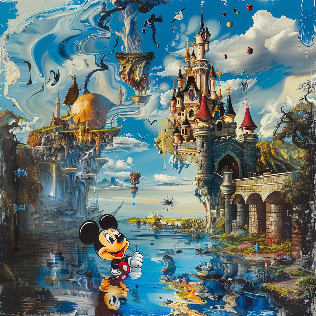 Surreal Disney characters in Dalí-style landscapes. Vibrant, twisted fantasy.