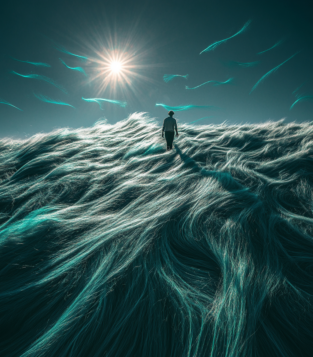 Surreal Men Walking on Fur Ocean with Black Sky