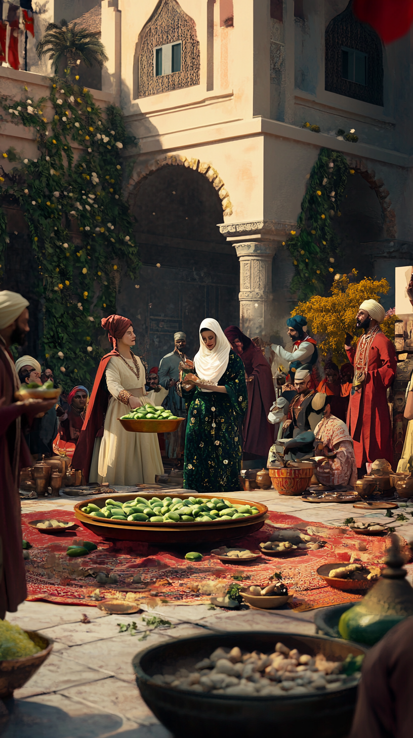 Surreal Ottoman sultan's court, wife served cucumbers, opulence-absurdity