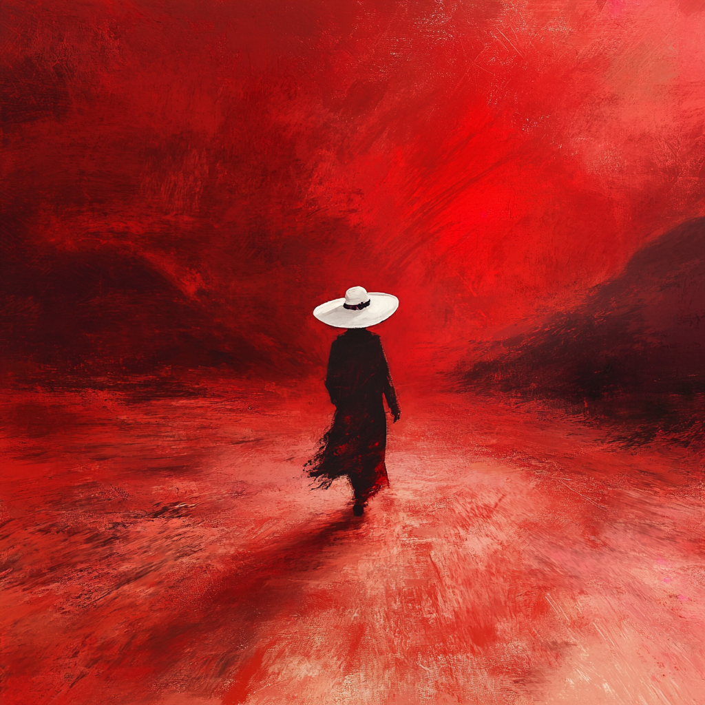 Surreal Solitary Figure in Crimson Landscape - Stock Photo