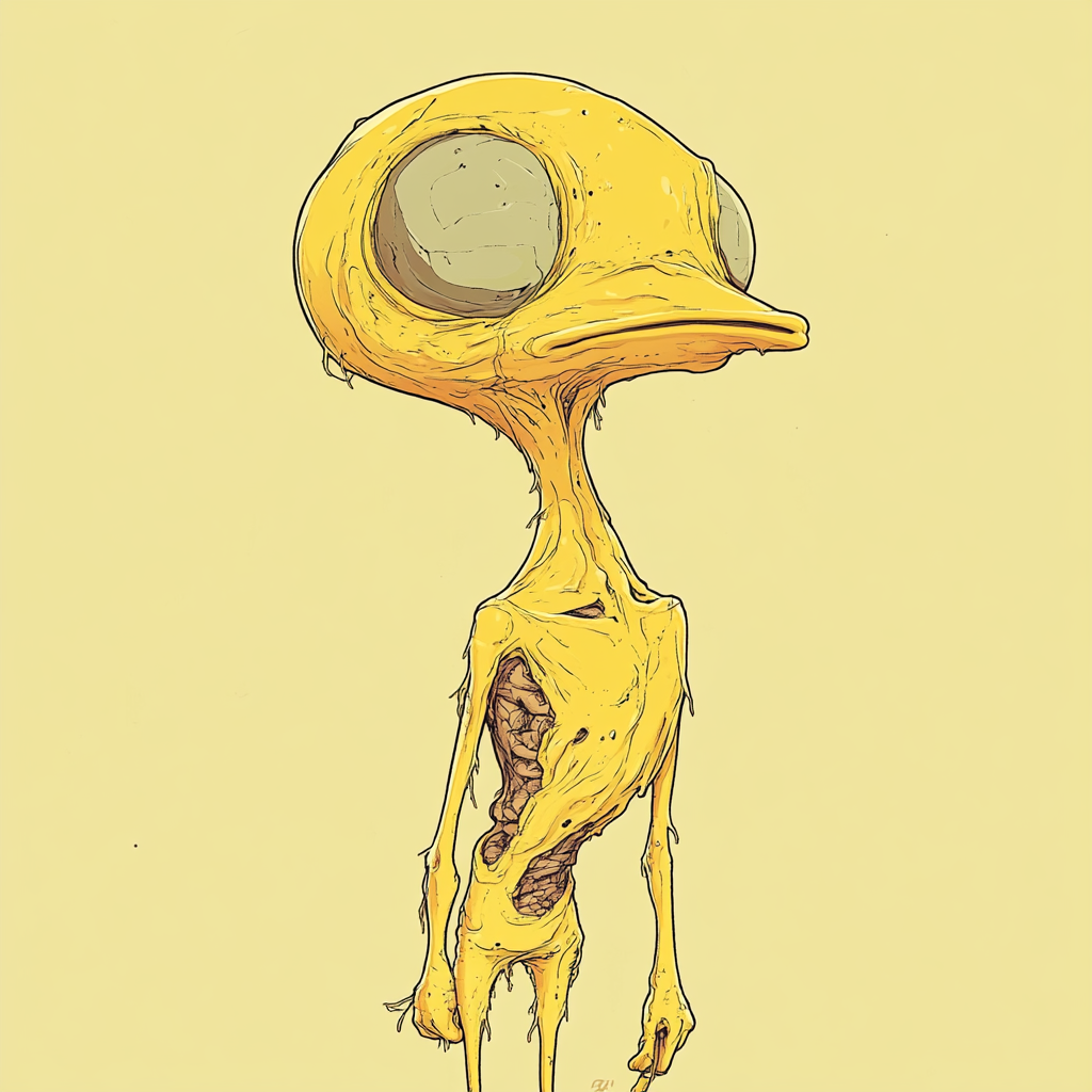 Surreal Tweety-inspired bird with exaggerated human features