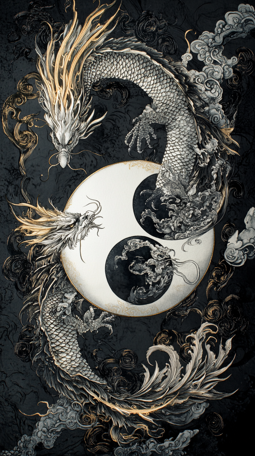 Surreal Yin Yang Symbol with Dragon and Phoenix Designs