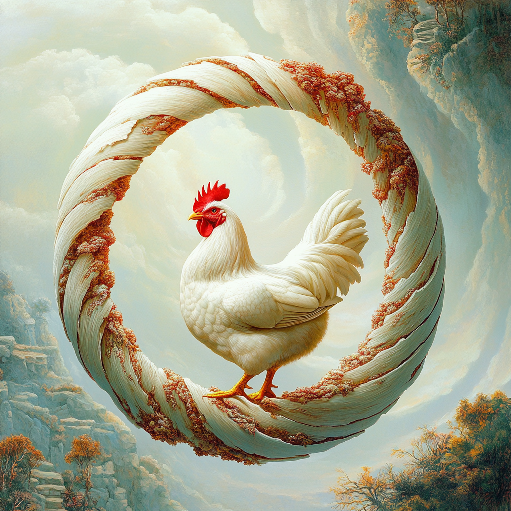 Surreal blend of chicken and egg in cyclical loop.