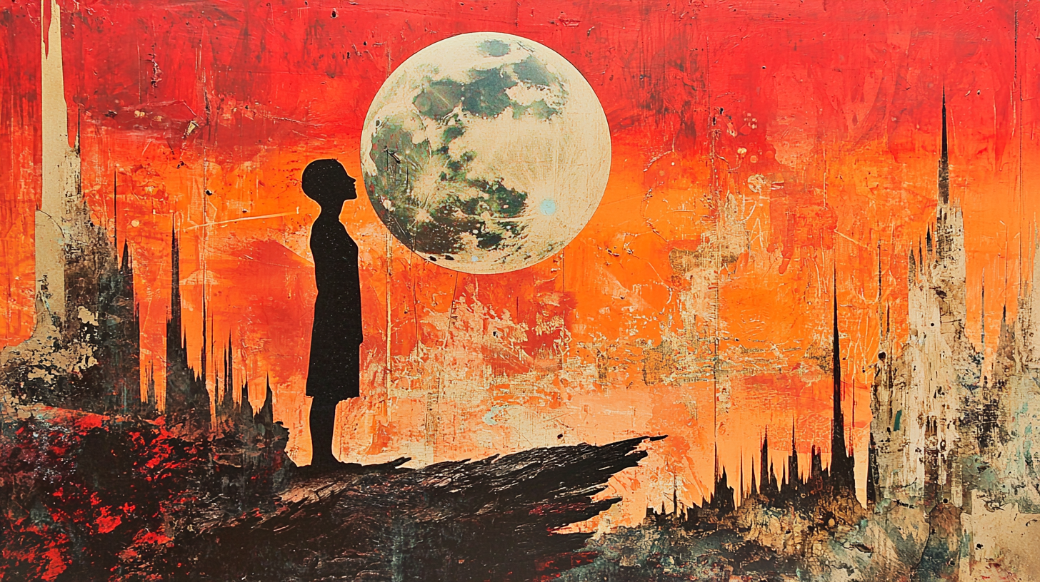 Surreal collage with red colors and hidden messages.