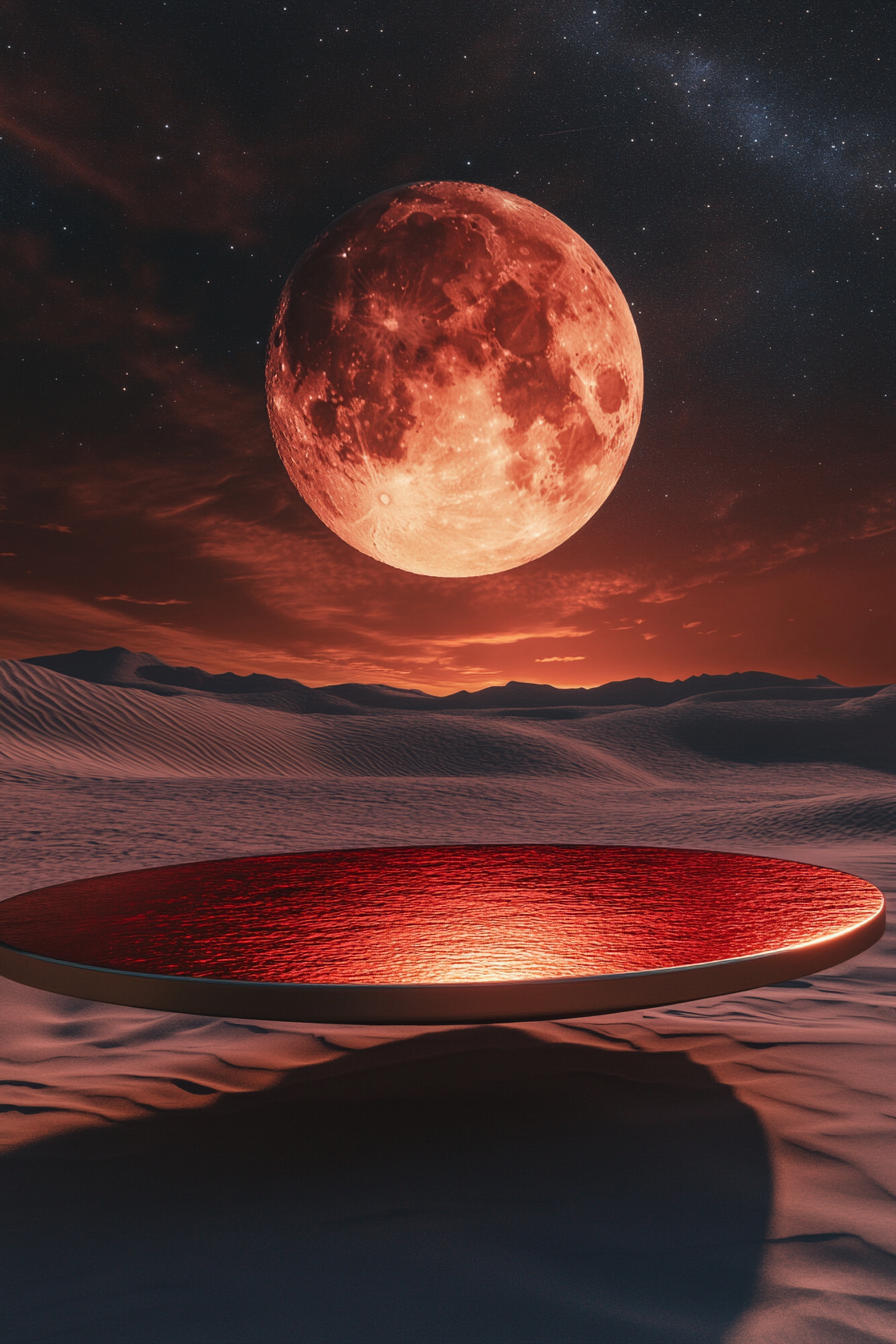 Surreal cosmic desert with red moon and night sky.