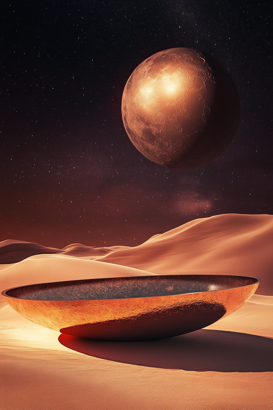 Surreal desert platform under moonlight with cosmic background.