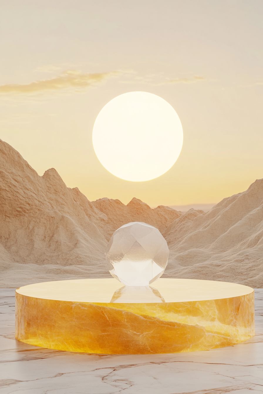 Surreal desert sunset with cosmic background, yellow crystal platform.