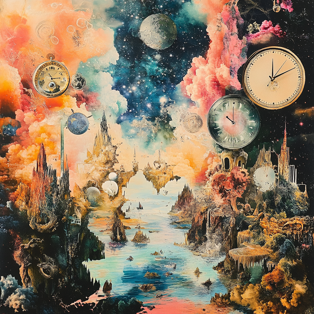 Surreal dream collage with melting clocks and floating islands.