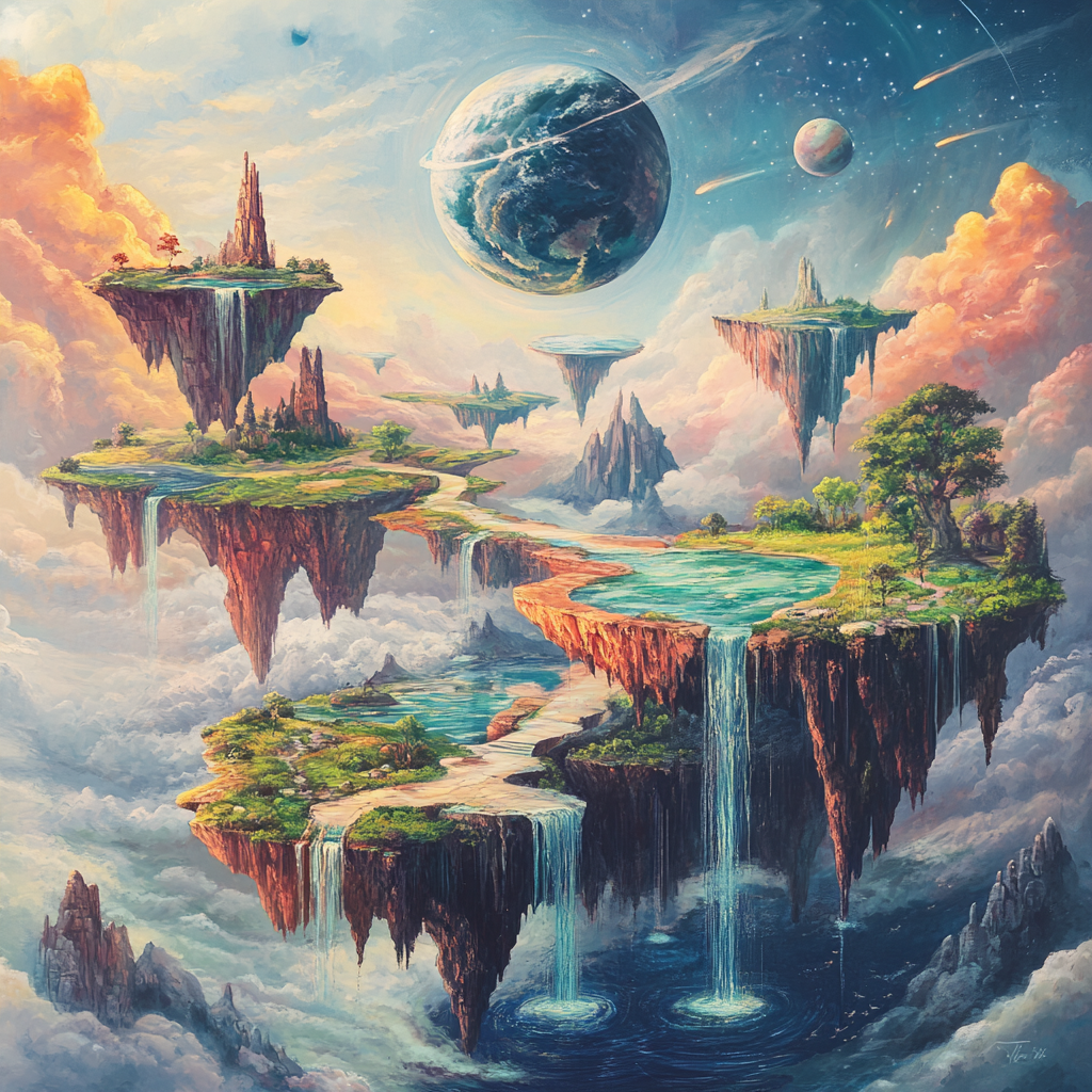 Surreal fantasy album cover design, infinite landscape, whimsical elements 