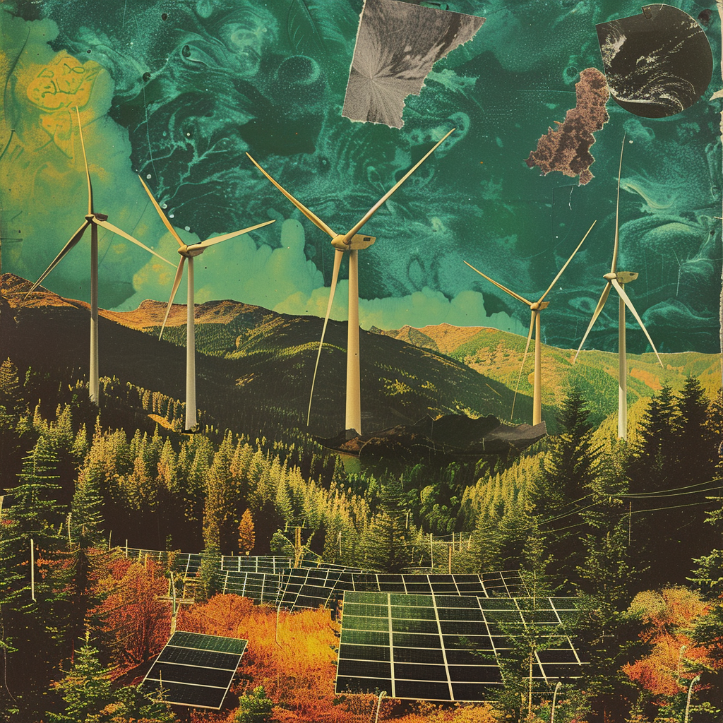 Surreal green collage of wind turbines and solar panels.