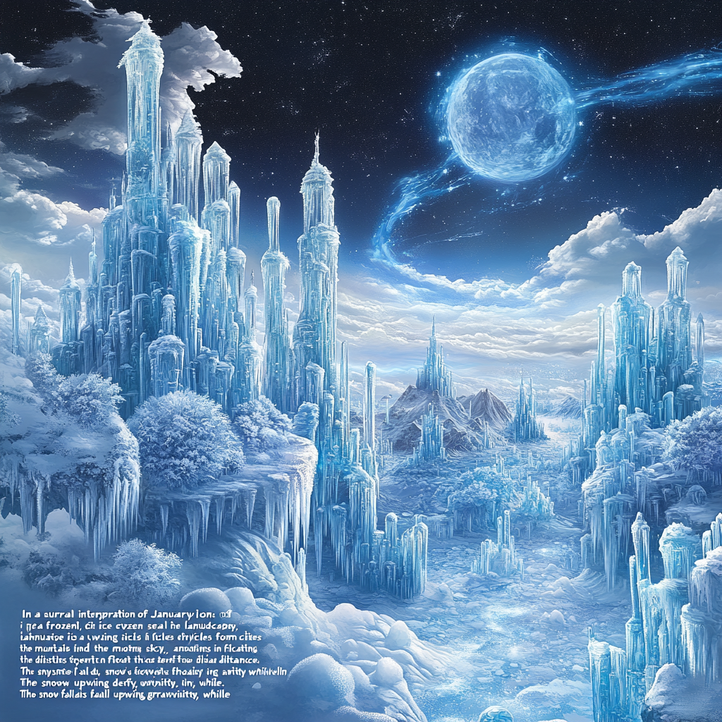 Surreal icy land with floating mountains and clocks.