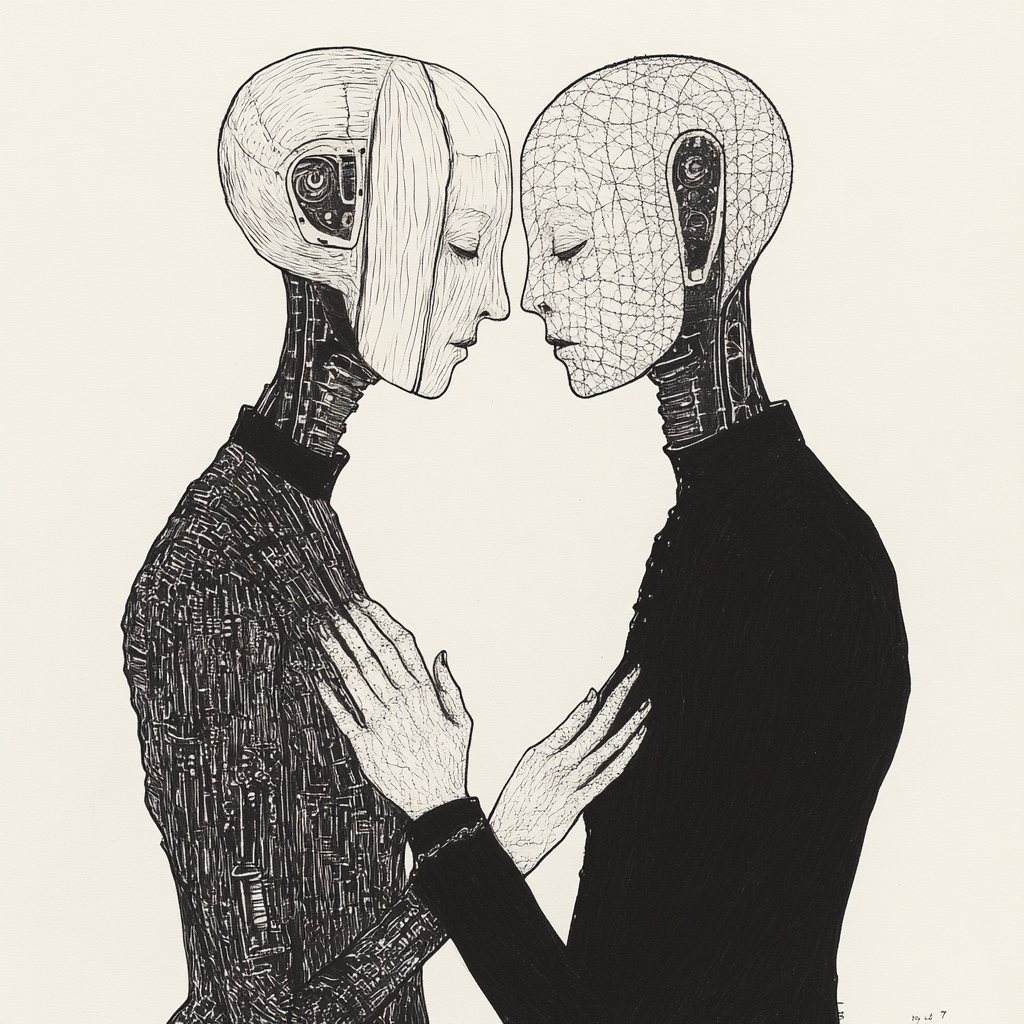 Surreal illustration of intimate figures in high-tech attire.