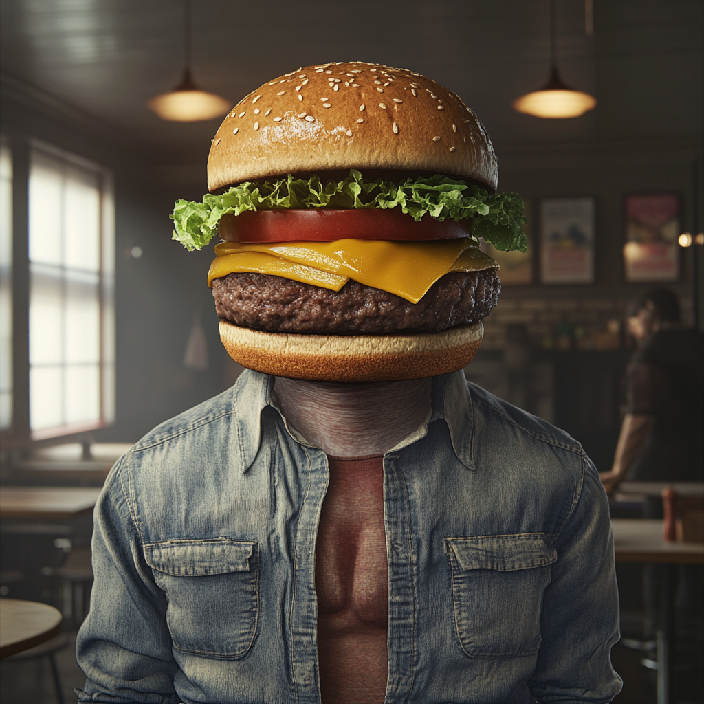 Surreal image of human with hamburger for head.