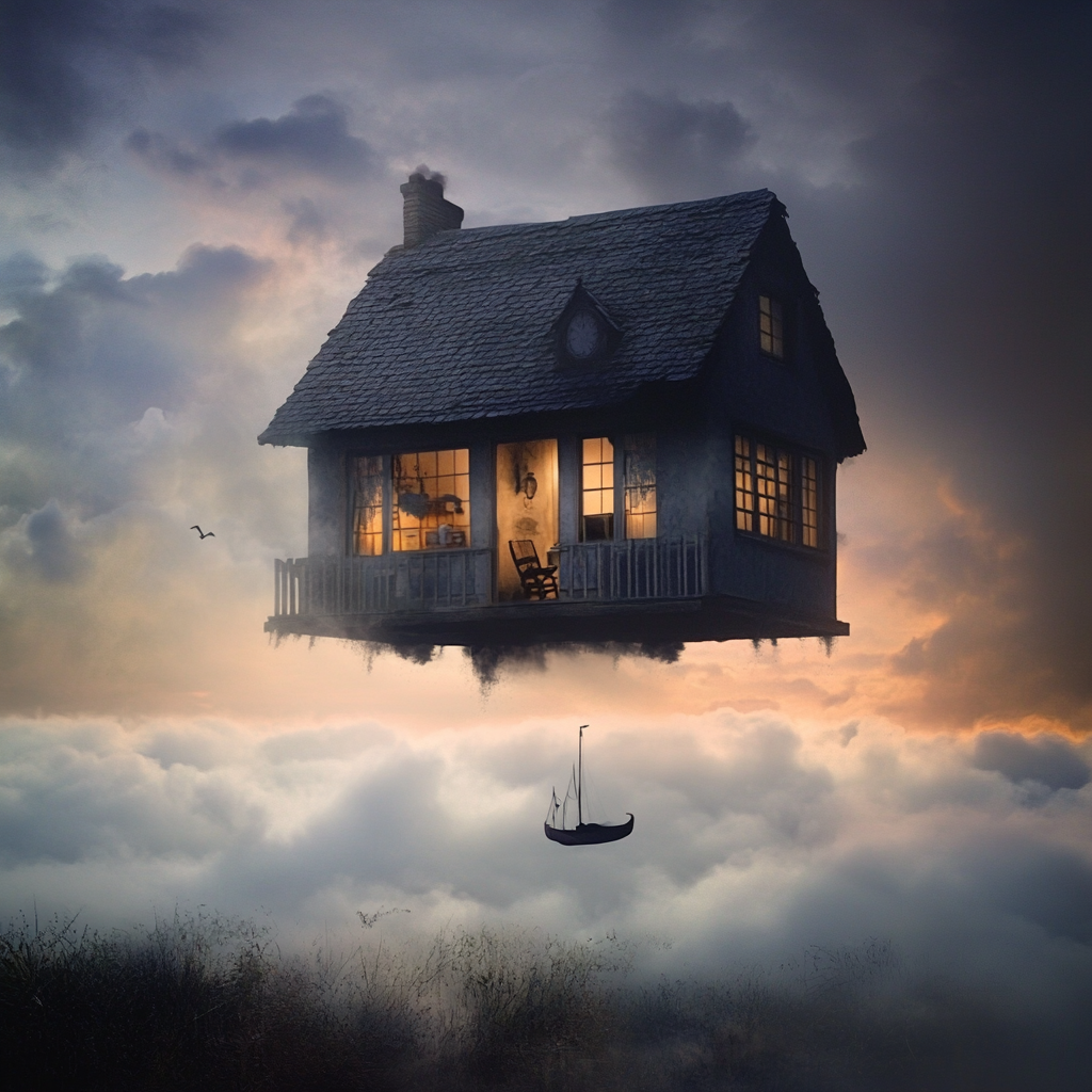 Surreal image: floating house, mist, silhouettes, atmospheric landscape.