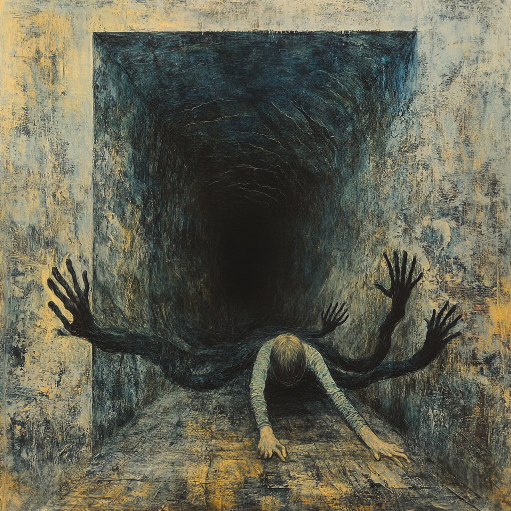 Surreal painting of figure trapped in oppressive space. 