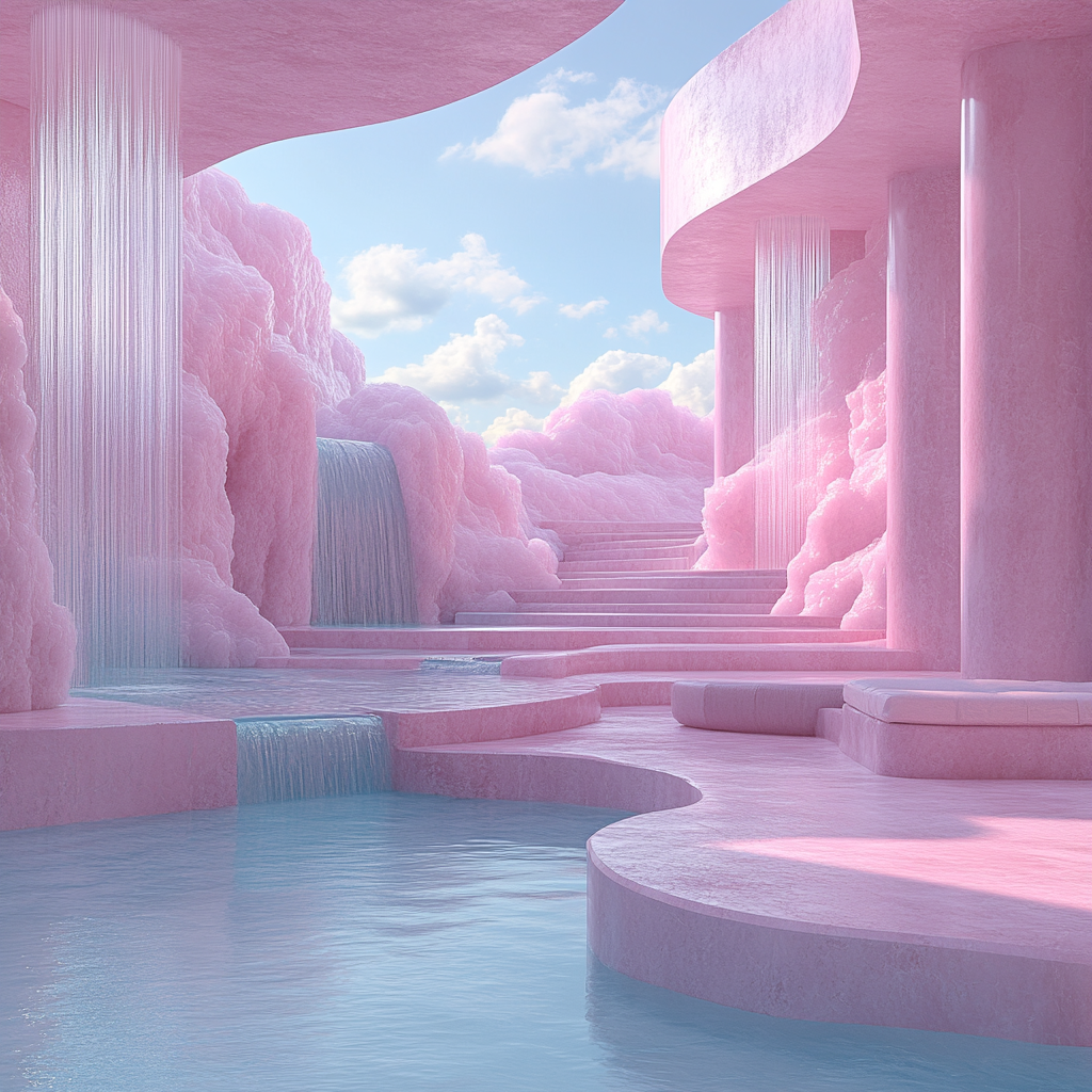 Surreal pastel landscape with geometric shapes and futuristic scene.