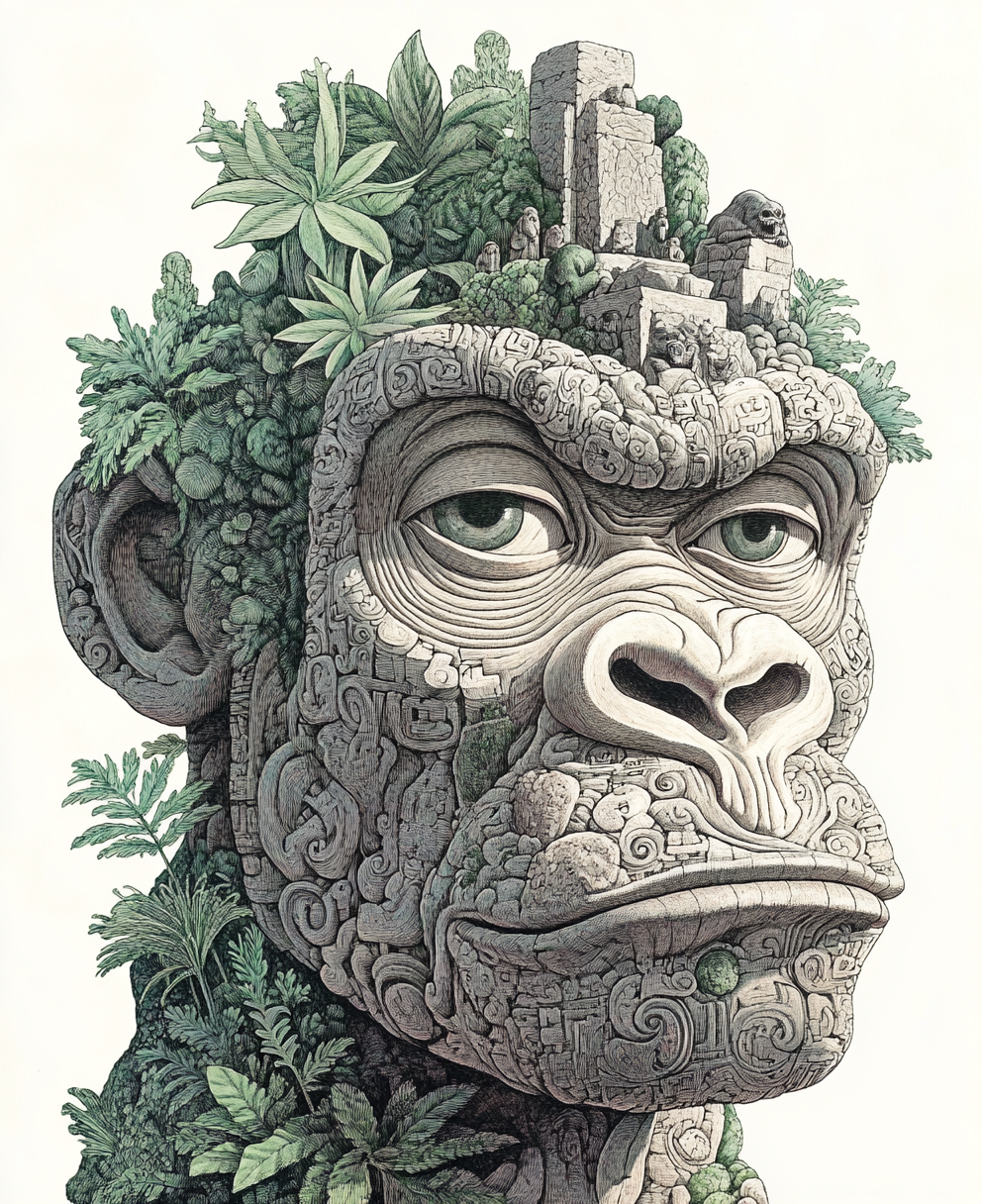 Surreal photorealism comic of ancient gorilla head sculpture.