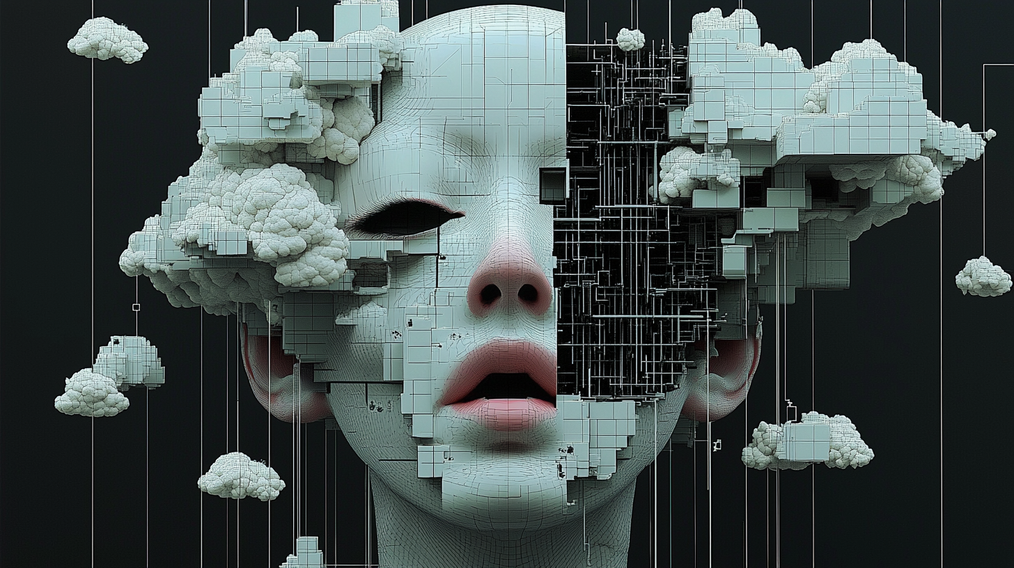 Surreal portrait of woman with cut head, clouds.