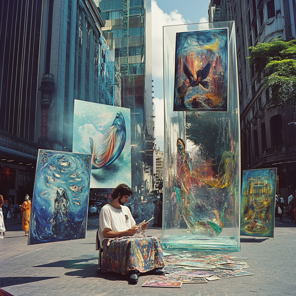 Surreal tarot reader flips art cards in São Paulo