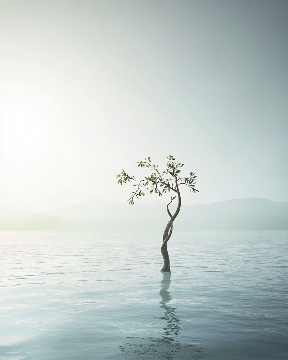 Surreal tree in vast lake, soft sunlight, Asian futurism.