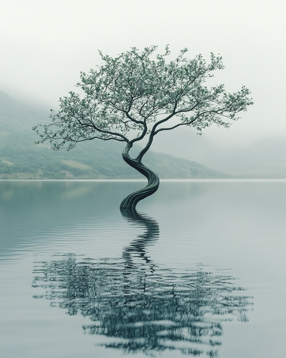 Surreal tree with wavy trunk and drooping canopy.