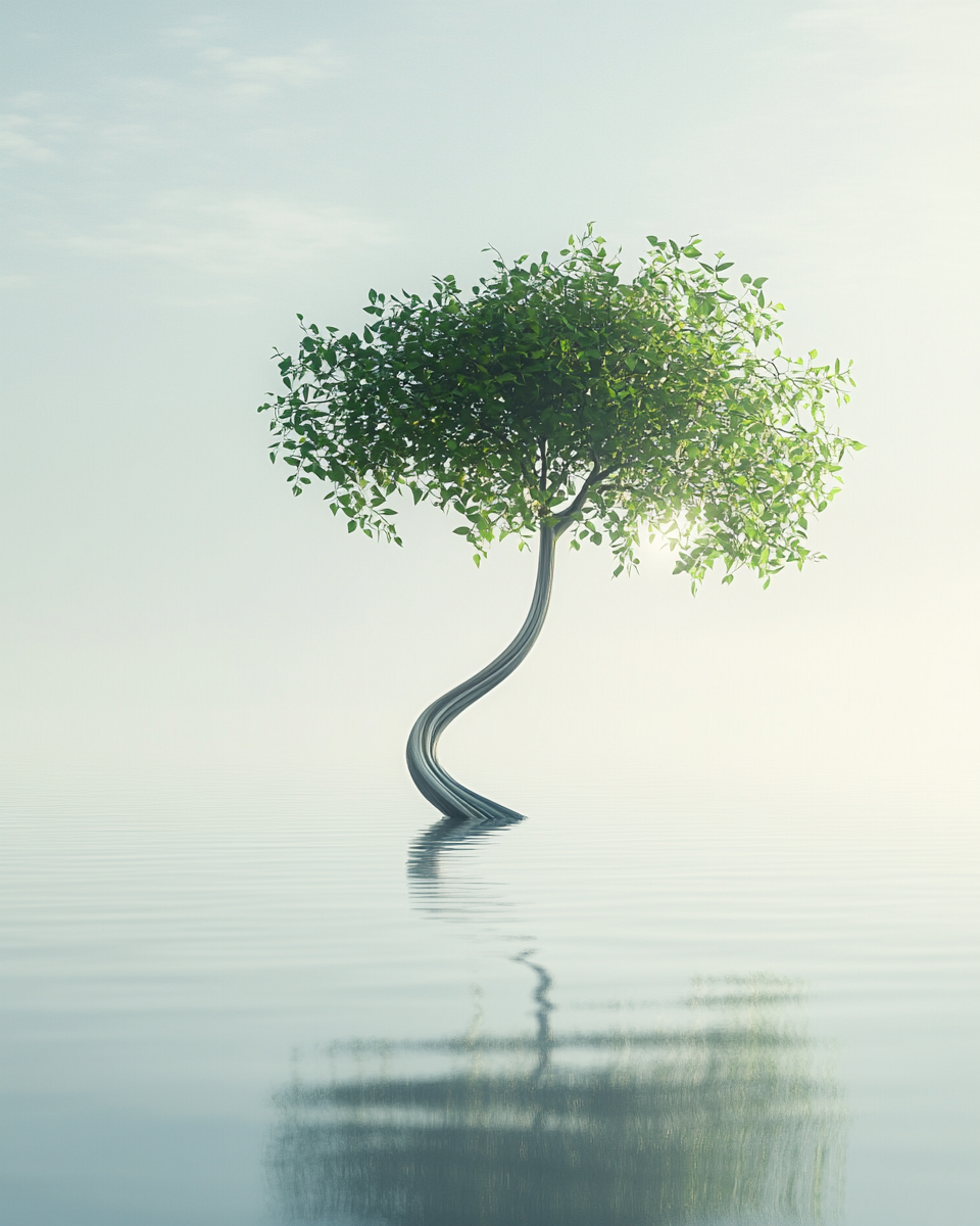 Surreal tree with wavy trunk in vast lake landscape