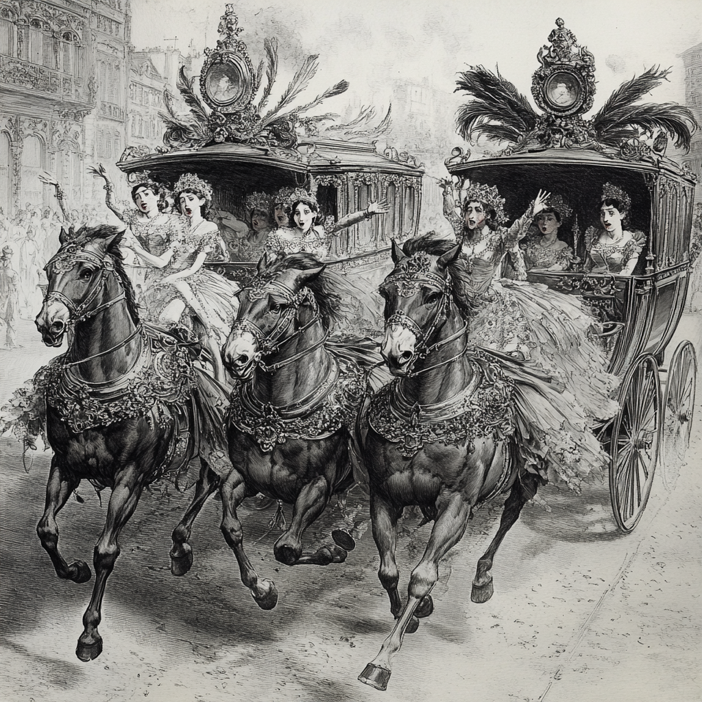 Surrealism Carriages Collision, Beautiful Girls Waving, Galloping Horses, Front View