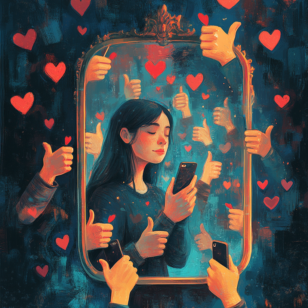 Surrealist mirror with people, smartphones, hearts, thumbs-up