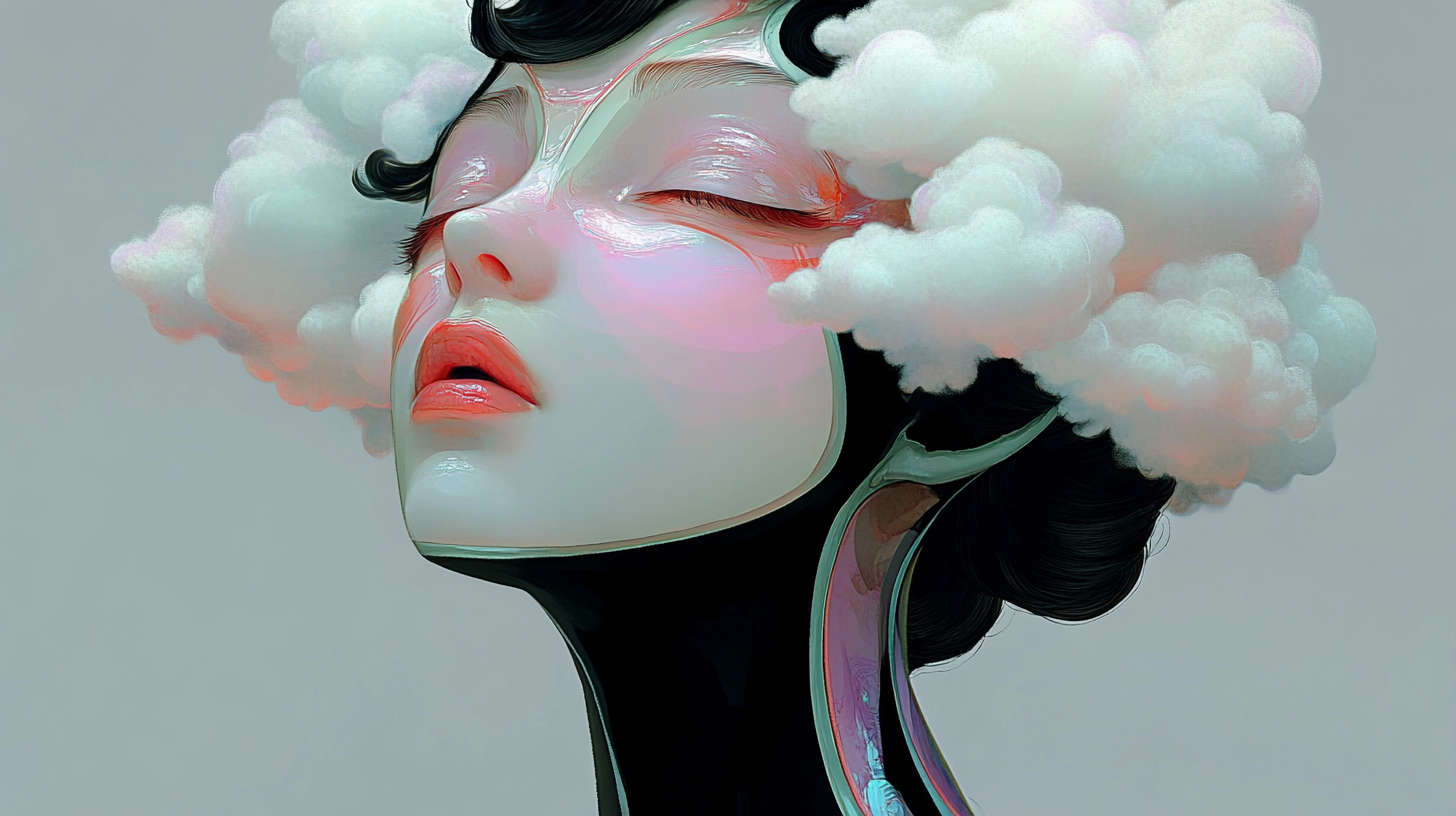 Surrealistic artwork of woman's head in half clouds.