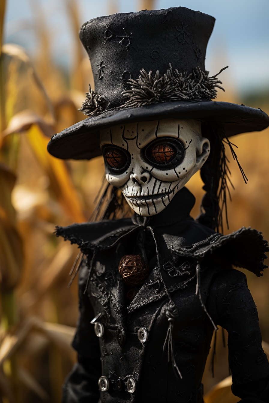 Surrealistic photo of scarecrow in corn field.