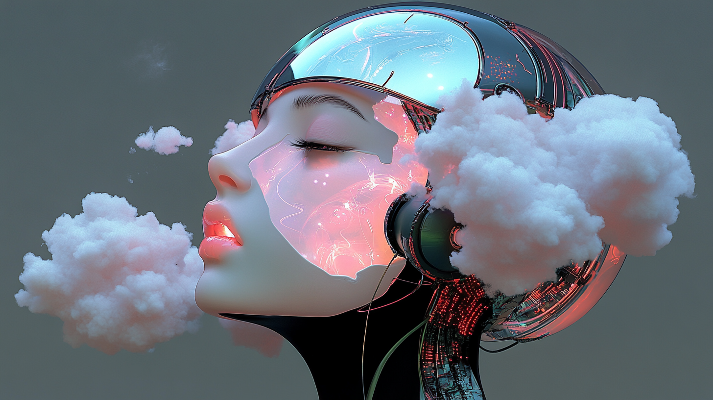 Surrealistic portrait of woman's head with cloud-like shapes.